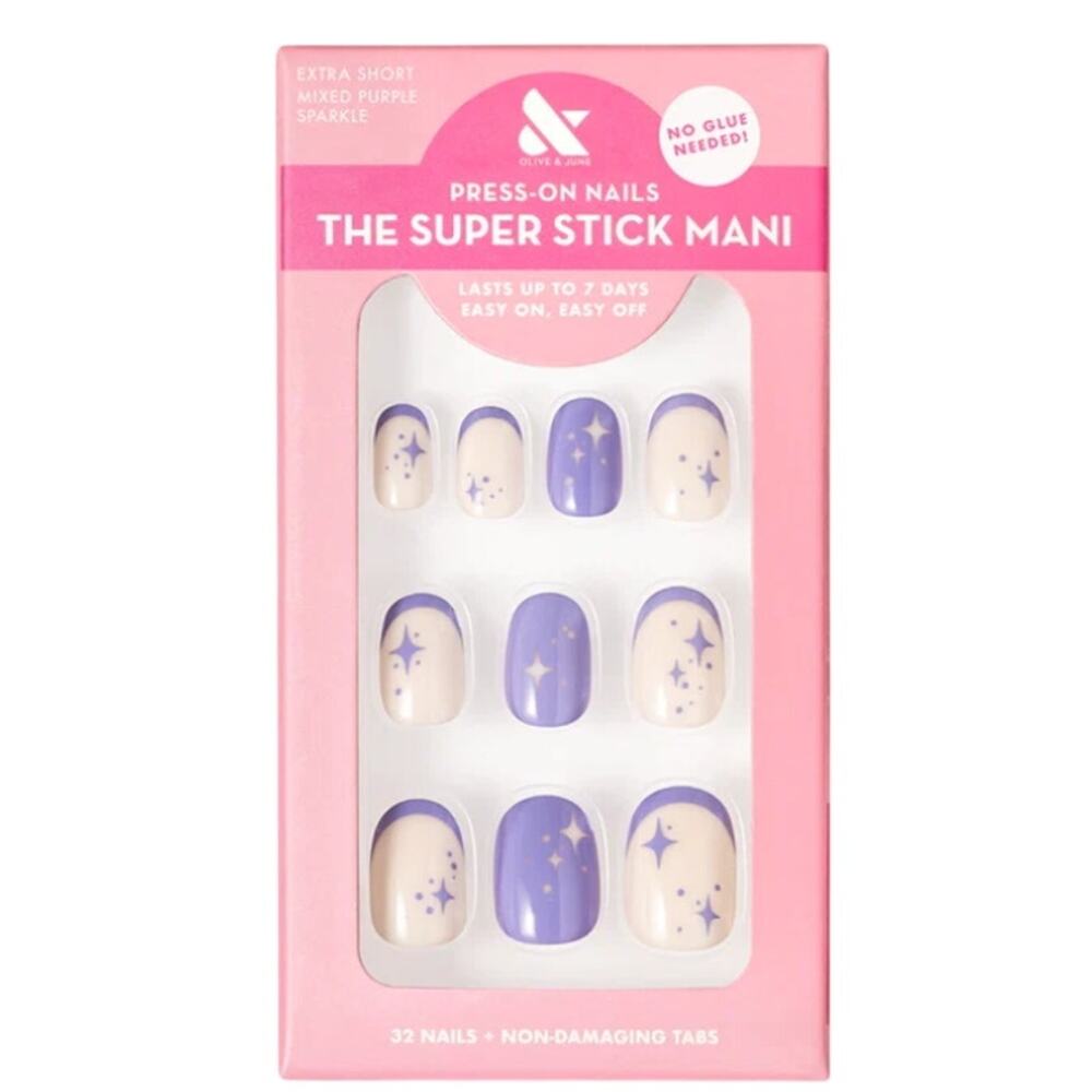 Olive & June Super Stick Press‑On Nails | Mixed Purple Sparkle | Extra‎ Short